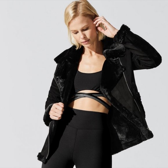 NEW Beach Riot Aspen micro suede faux fur lined black moto jacket Size Large
